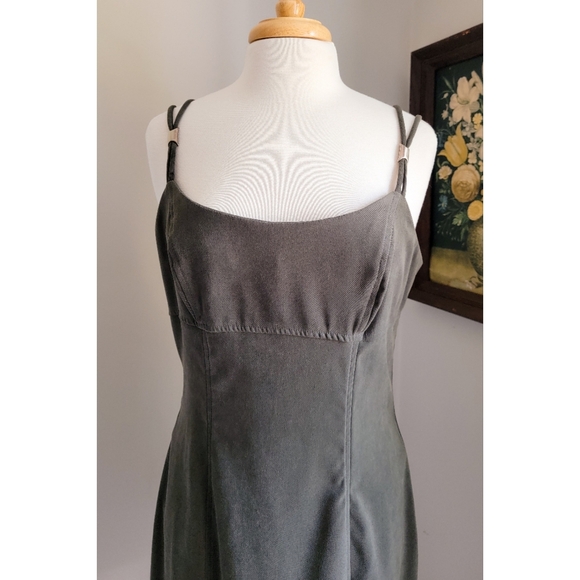 90s Green Faux Suede 1990s Vintage Split Strap Scoop Neck VTG Slip Dress - Picture 9 of 12